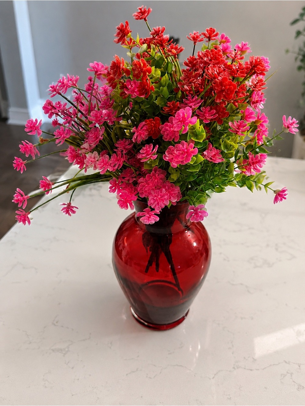 Faux Pink & Red Floral Bouquet in Red Vase